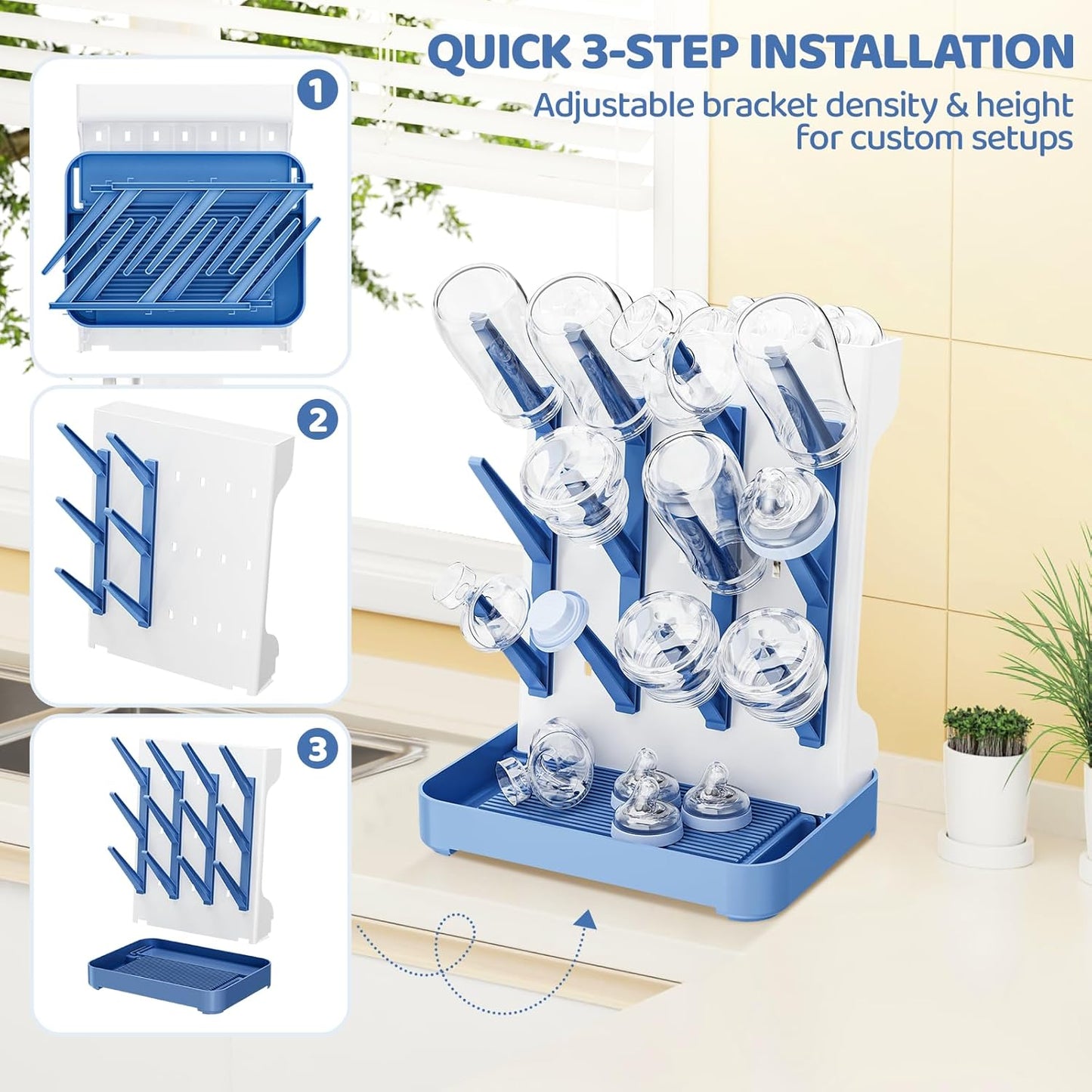 Baby Bottle Drying Rack, Space Saving Vertical Bottle Dryer Holder | Standing Bottle Drying Rack for Countertop Kitchen Organize Bottles, Brushes, Baby Accessories, Blue