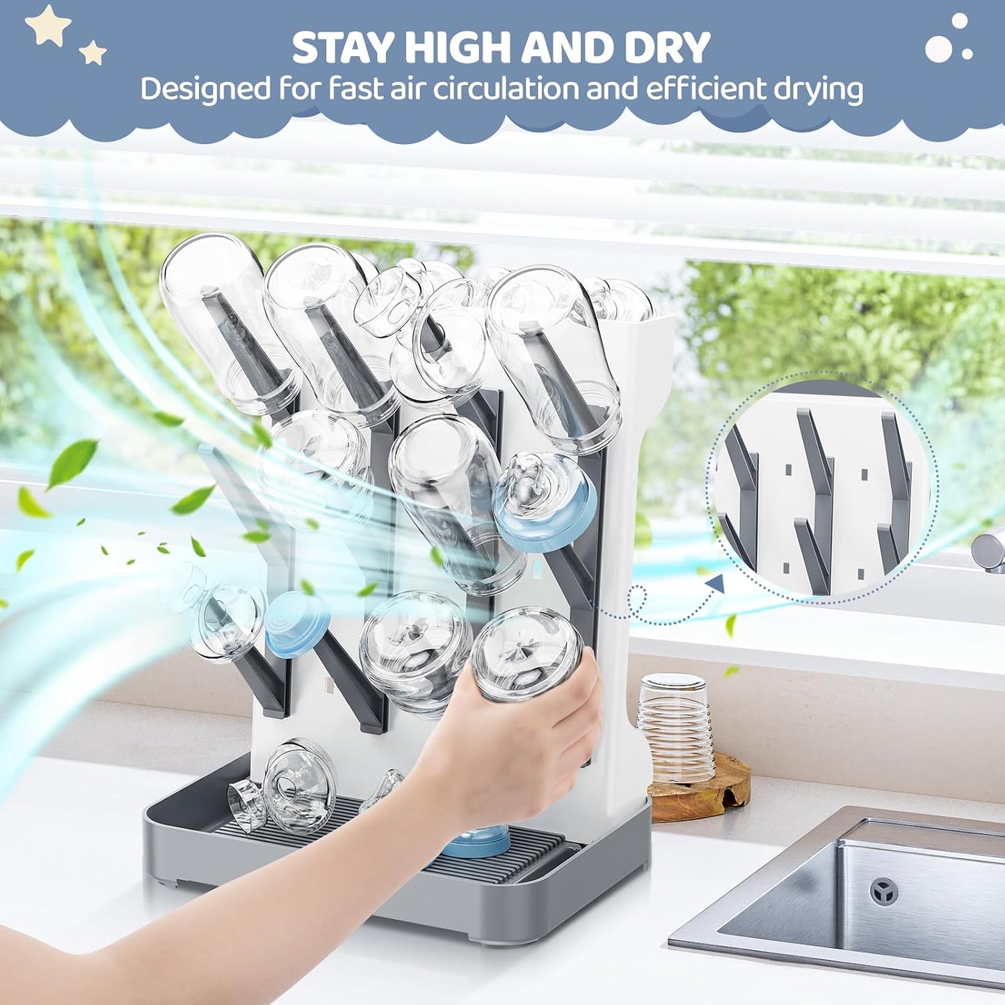 Baby Bottle Drying Rack, Space Saving Vertical Bottle Dryer Holder | Standing Bottle Drying Rack for Countertop Kitchen Organize Bottles, Brushes, Baby Accessories, Blue