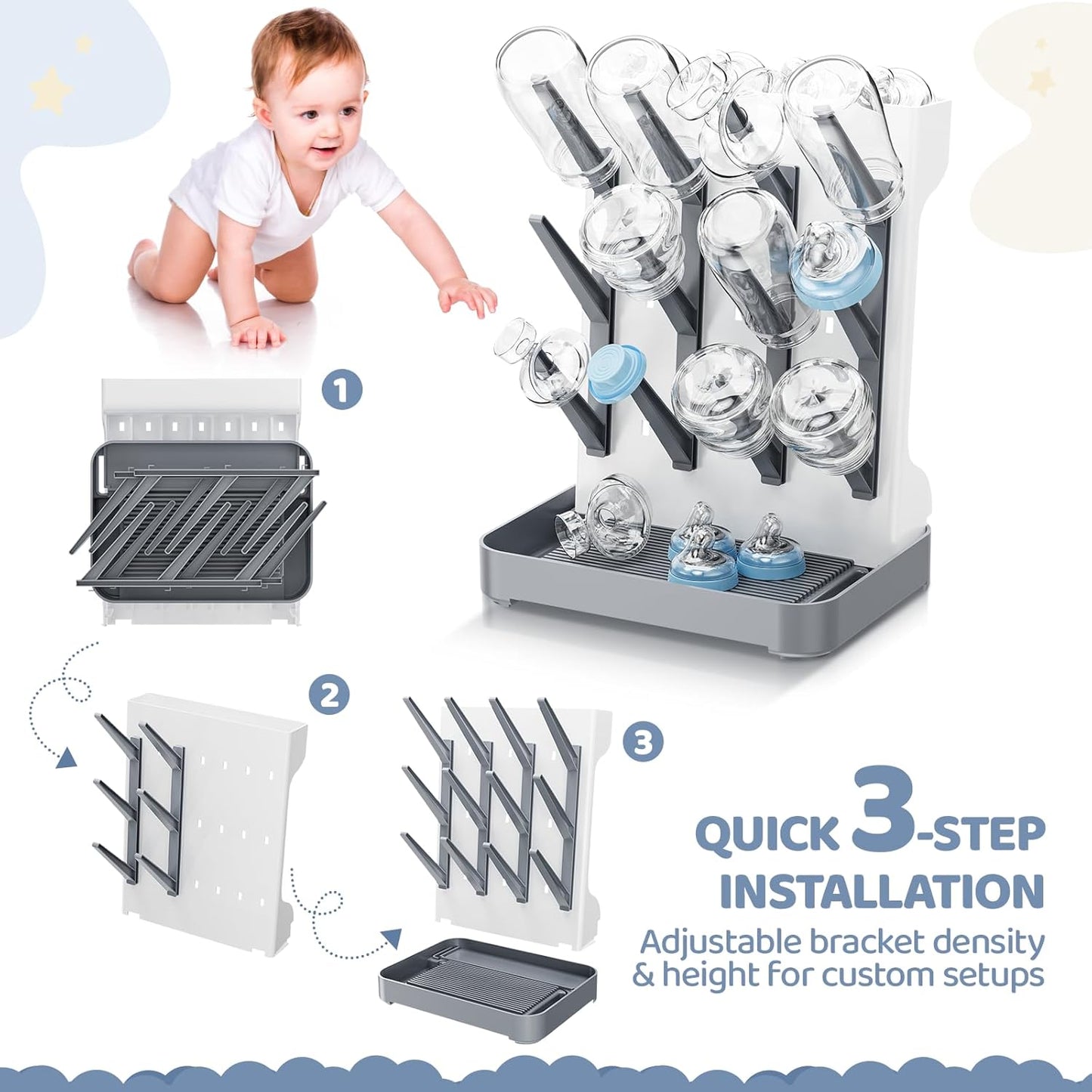 Baby Bottle Drying Rack, Space Saving Vertical Bottle Dryer Holder | Standing Bottle Drying Rack for Countertop Kitchen Organize Bottles, Brushes, Baby Accessories, Blue