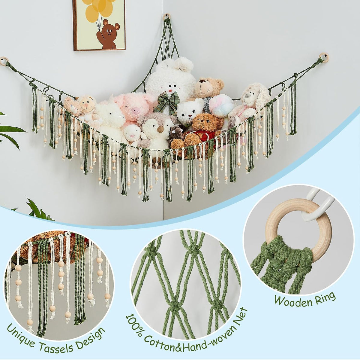 Stuffed Animal Storage Hammock with Wooden Beads and Tassels