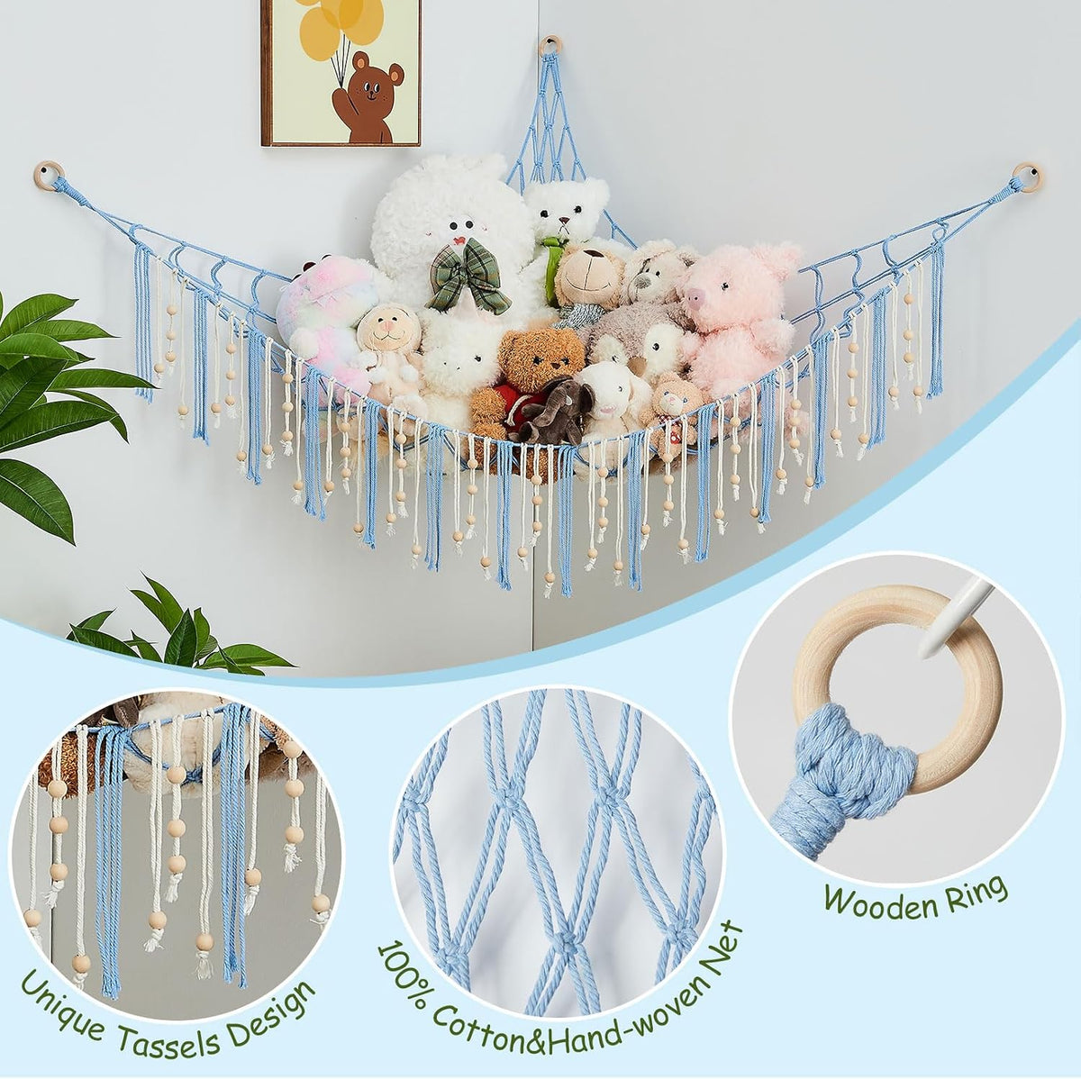 Stuffed Animal Storage Hammock with Wooden Beads and Tassels