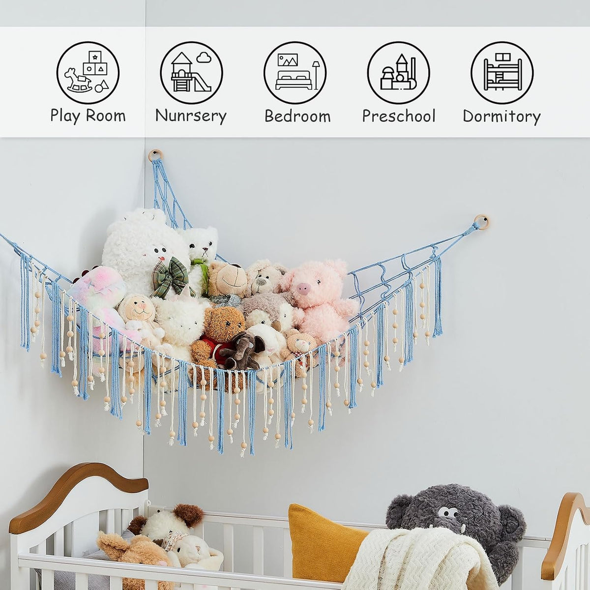 Stuffed Animal Storage Hammock with Wooden Beads and Tassels