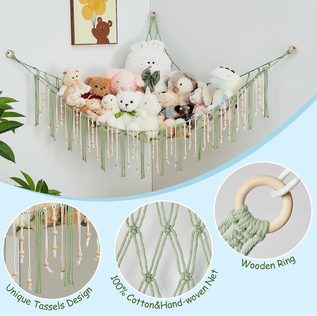 Stuffed Animal Storage Hammock with Wooden Beads and Tassels