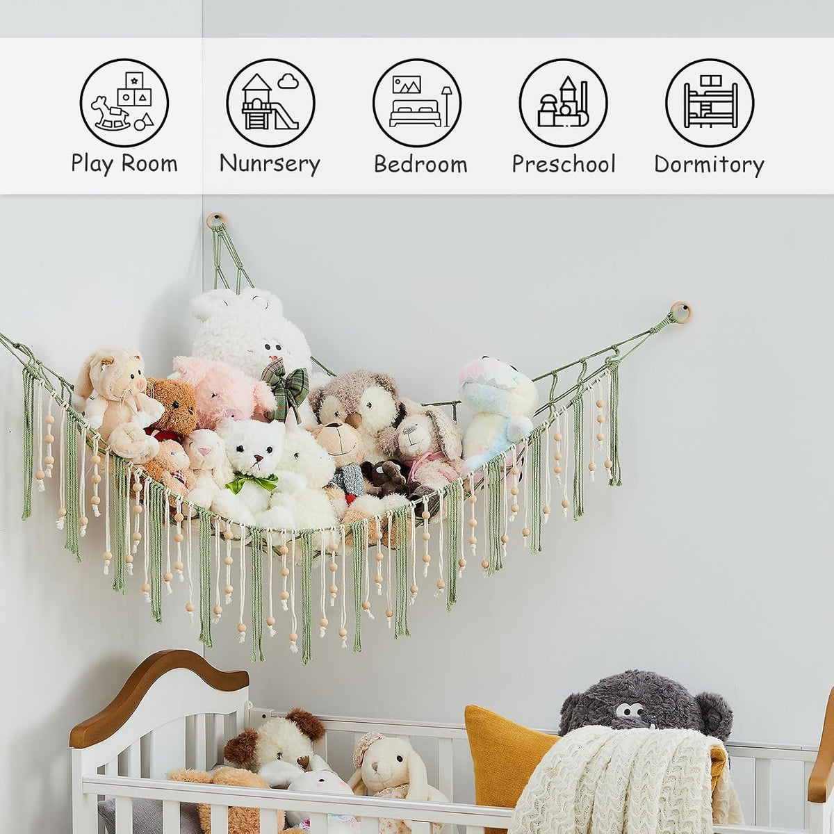 Stuffed Animal Storage Hammock with Wooden Beads and Tassels