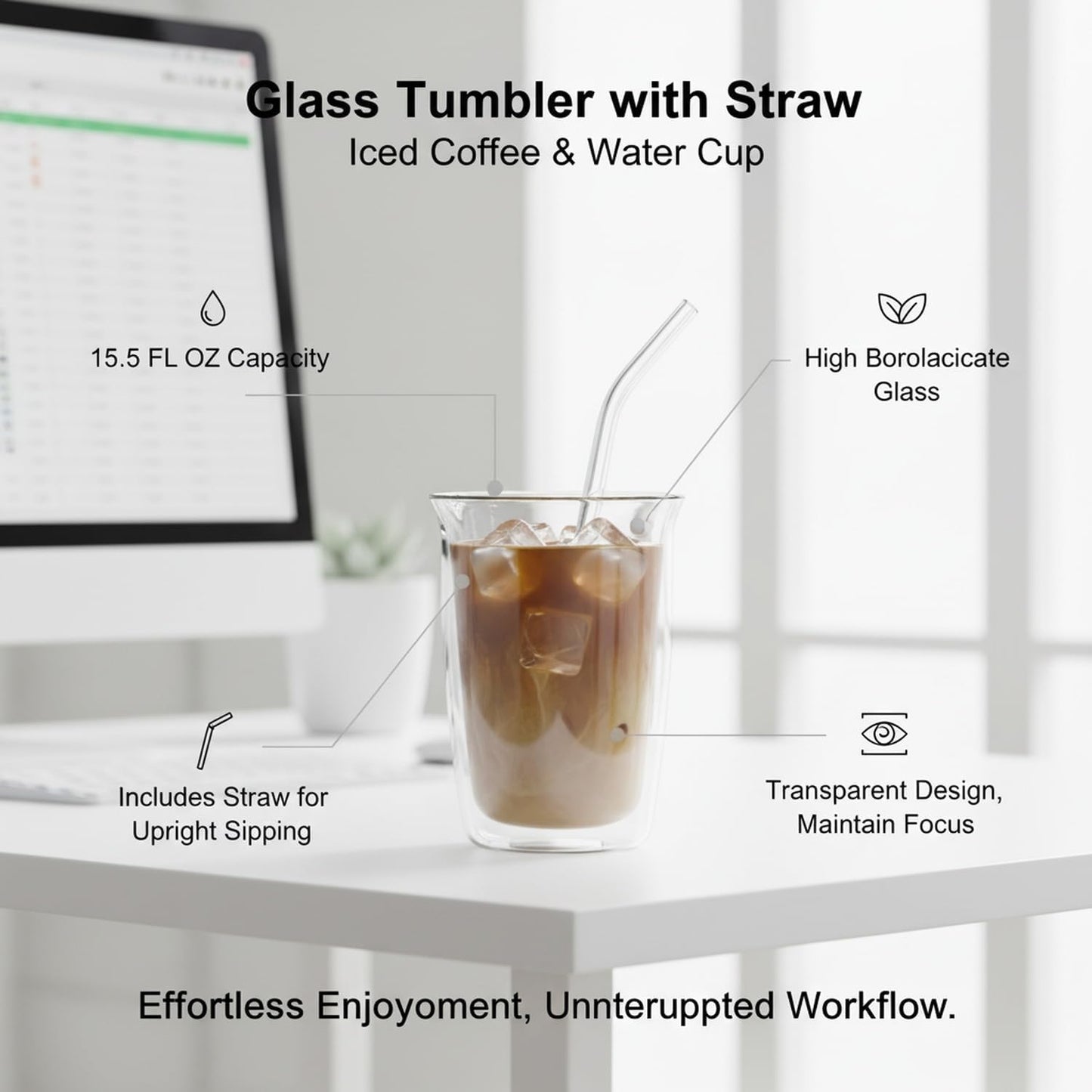 15.5 oz High Borosilicate Glass Tumbler with Straw, Multicolor Graffiti Iced Coffee Cup for Desk, Office, and Home Use