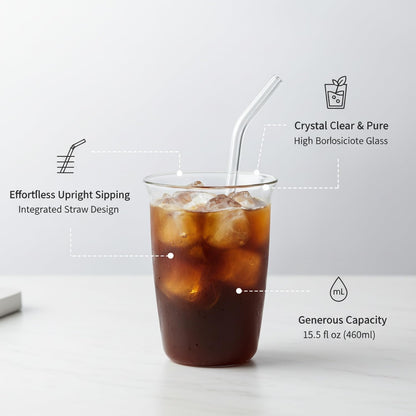 15.5 oz High Borosilicate Glass Tumbler with Straw, Multicolor Graffiti Iced Coffee Cup for Desk, Office, and Home Use
