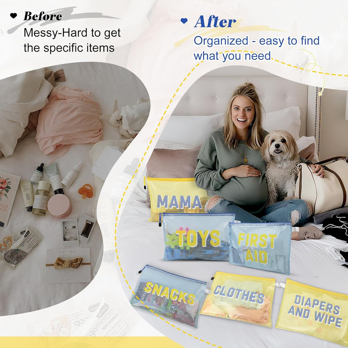 6pcs Hospital Diaper Bag Organizing Pouches for Labor and Delivery, Maternity Essentials Diaper Bag Organizer for Mommy Travel - Blue/Yellow