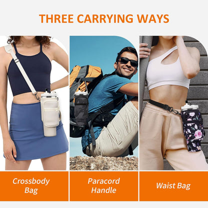 Water Bottle Carrier Bag with Paracord Handle for Stanley 40/30 oz Tumbler Neoprene Insulated Mug Sleeve Pouch with 2 Pockets & Adjustable Strap & Straw Cover for Stanley Cup Accessories