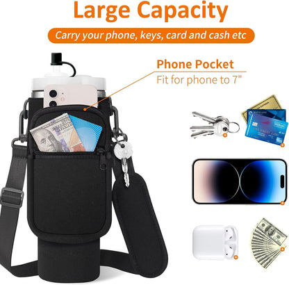 Water Bottle Carrier Bag with Paracord Handle for Stanley 40/30 oz Tumbler Neoprene Insulated Mug Sleeve Pouch with 2 Pockets & Adjustable Strap & Straw Cover for Stanley Cup Accessories
