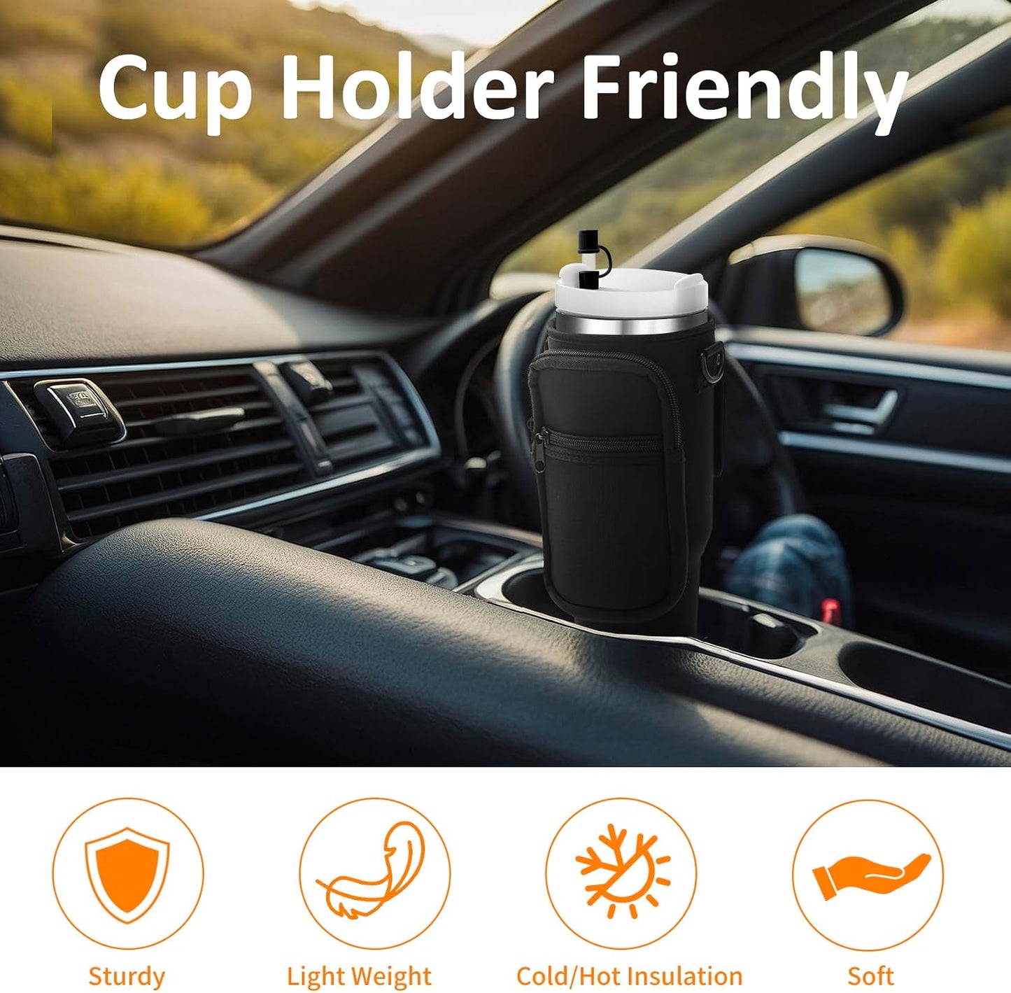 Water Bottle Carrier Bag with Paracord Handle for Stanley 40/30 oz Tumbler Neoprene Insulated Mug Sleeve Pouch with 2 Pockets & Adjustable Strap & Straw Cover for Stanley Cup Accessories