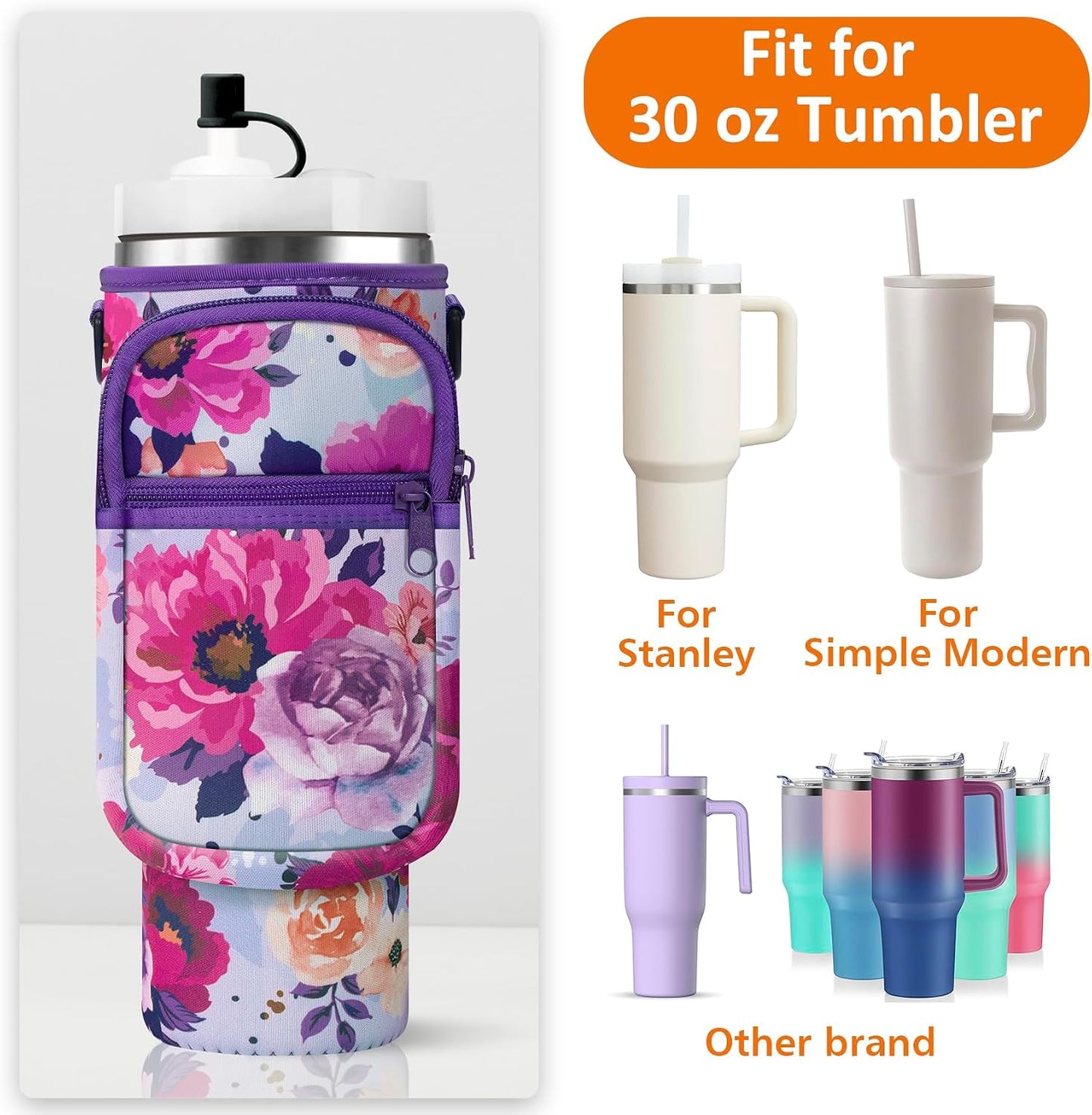 Water Bottle Carrier Bag with Paracord Handle for Stanley 40/30 oz Tumbler Neoprene Insulated Mug Sleeve Pouch with 2 Pockets & Adjustable Strap & Straw Cover for Stanley Cup Accessories