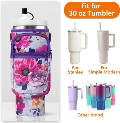 Water Bottle Carrier Bag with Paracord Handle for Stanley 40/30 oz Tumbler Neoprene Insulated Mug Sleeve Pouch with 2 Pockets & Adjustable Strap & Straw Cover for Stanley Cup Accessories