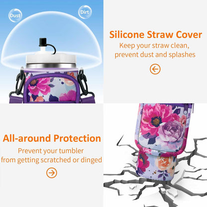 Water Bottle Carrier Bag with Paracord Handle for Stanley 40/30 oz Tumbler Neoprene Insulated Mug Sleeve Pouch with 2 Pockets & Adjustable Strap & Straw Cover for Stanley Cup Accessories