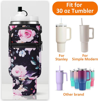 Water Bottle Carrier Bag with Paracord Handle for Stanley 40/30 oz Tumbler Neoprene Insulated Mug Sleeve Pouch with 2 Pockets & Adjustable Strap & Straw Cover for Stanley Cup Accessories