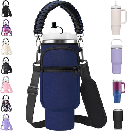 Water Bottle Carrier Bag with Paracord Handle for Stanley 40/30 oz Tumbler Neoprene Insulated Mug Sleeve Pouch with 2 Pockets & Adjustable Strap & Straw Cover for Stanley Cup Accessories