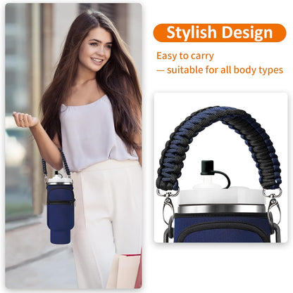Water Bottle Carrier Bag with Paracord Handle for Stanley 40/30 oz Tumbler Neoprene Insulated Mug Sleeve Pouch with 2 Pockets & Adjustable Strap & Straw Cover for Stanley Cup Accessories