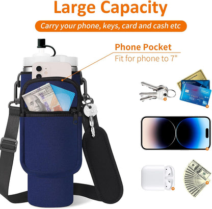Water Bottle Carrier Bag with Paracord Handle for Stanley 40/30 oz Tumbler Neoprene Insulated Mug Sleeve Pouch with 2 Pockets & Adjustable Strap & Straw Cover for Stanley Cup Accessories