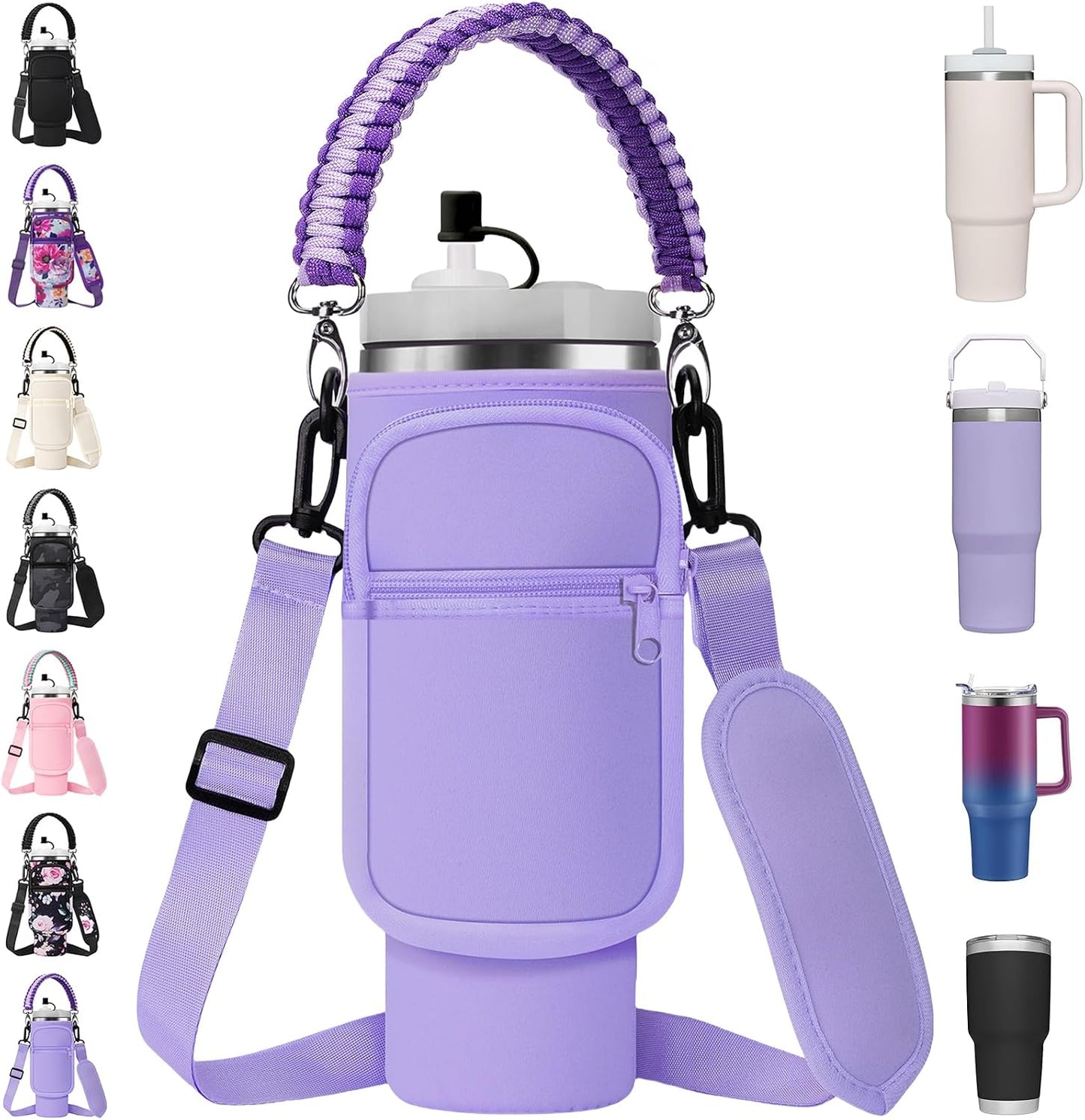Water Bottle Carrier Bag with Paracord Handle for Stanley 40/30 oz Tumbler Neoprene Insulated Mug Sleeve Pouch with 2 Pockets & Adjustable Strap & Straw Cover for Stanley Cup Accessories