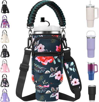 Water Bottle Carrier Bag with Paracord Handle for Stanley 40/30 oz Tumbler Neoprene Insulated Mug Sleeve Pouch with 2 Pockets & Adjustable Strap & Straw Cover for Stanley Cup Accessories