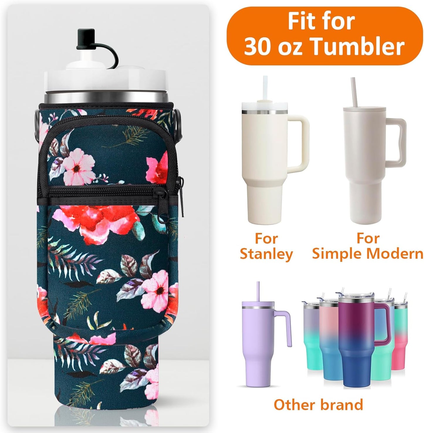 Water Bottle Carrier Bag with Paracord Handle for Stanley 40/30 oz Tumbler Neoprene Insulated Mug Sleeve Pouch with 2 Pockets & Adjustable Strap & Straw Cover for Stanley Cup Accessories