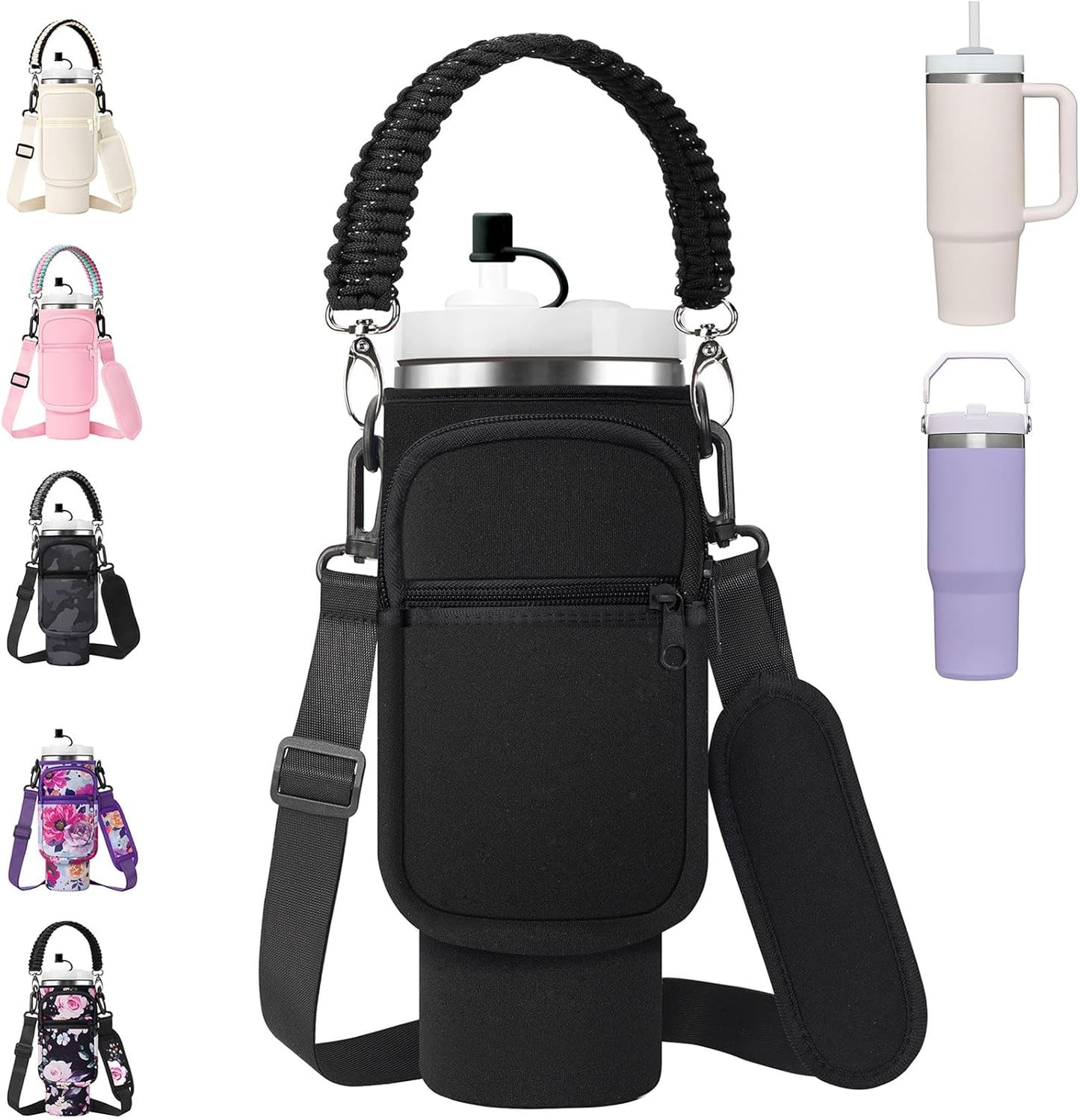 Water Bottle Carrier Bag with Paracord Handle for Stanley 40/30 oz Tumbler Neoprene Insulated Mug Sleeve Pouch with 2 Pockets & Adjustable Strap & Straw Cover for Stanley Cup Accessories
