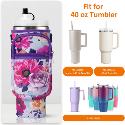 Water Bottle Carrier Bag with Paracord Handle for Stanley 40/30 oz Tumbler Neoprene Insulated Mug Sleeve Pouch with 2 Pockets & Adjustable Strap & Straw Cover for Stanley Cup Accessories