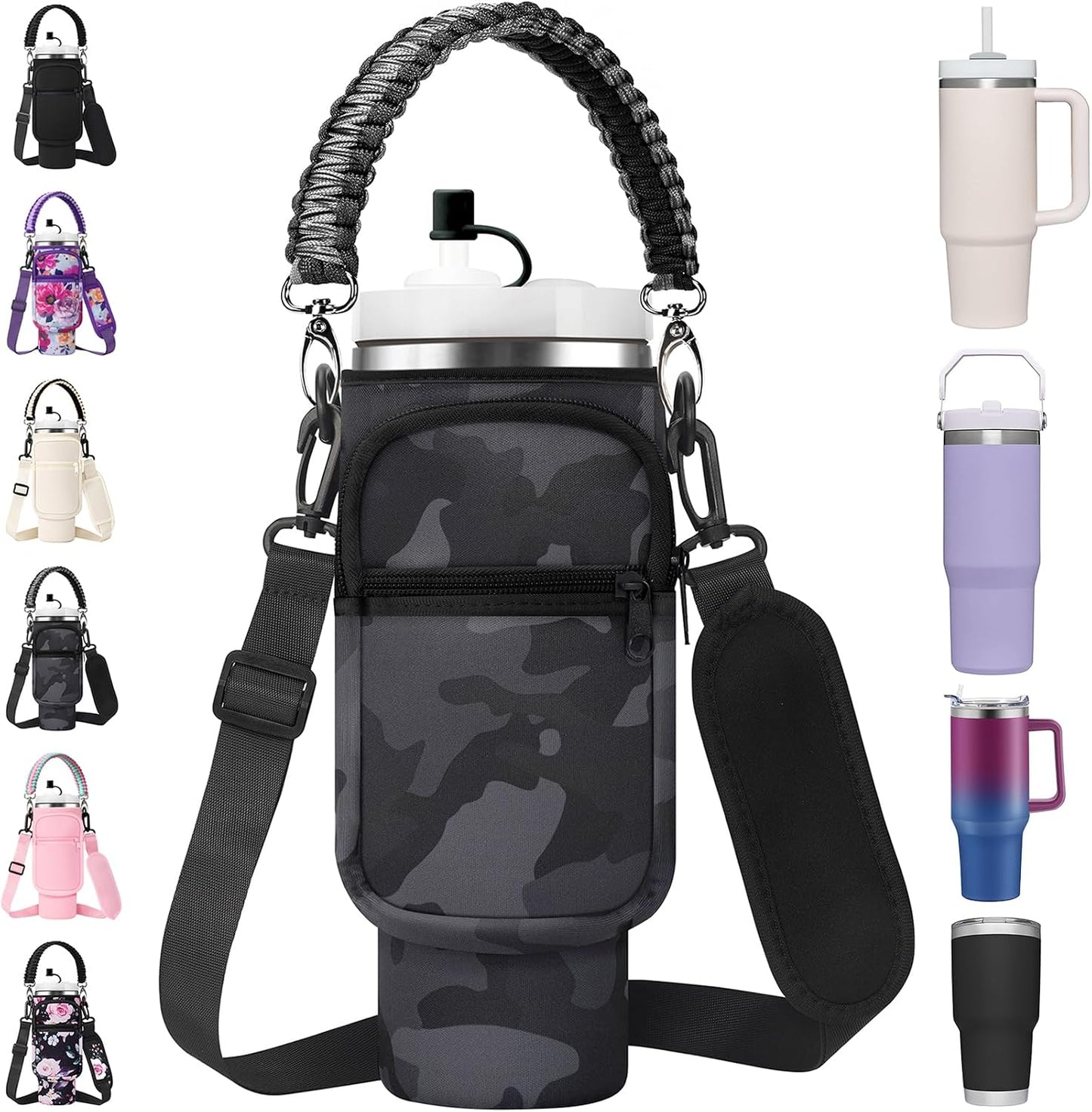 Water Bottle Carrier Bag with Paracord Handle for Stanley 40/30 oz Tumbler Neoprene Insulated Mug Sleeve Pouch with 2 Pockets & Adjustable Strap & Straw Cover for Stanley Cup Accessories
