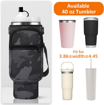 Water Bottle Carrier Bag with Paracord Handle for Stanley 40/30 oz Tumbler Neoprene Insulated Mug Sleeve Pouch with 2 Pockets & Adjustable Strap & Straw Cover for Stanley Cup Accessories