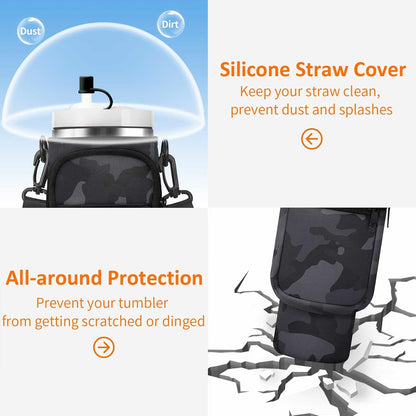 Water Bottle Carrier Bag with Paracord Handle for Stanley 40/30 oz Tumbler Neoprene Insulated Mug Sleeve Pouch with 2 Pockets & Adjustable Strap & Straw Cover for Stanley Cup Accessories