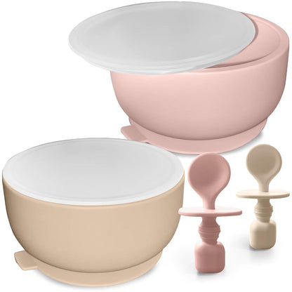 Silicone Baby Feeding Set - Suction Bowls With Lids and Spoons for Infants 0-6 Months, Extra Strong, BPA Free - Essentials for Babies & Toddlers