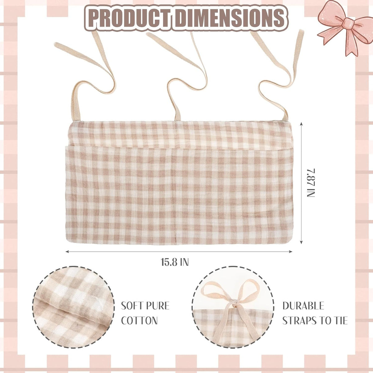 Gingham Crib Hanging Organizer Gingham Diaper Bag Organizer Playpen Organizers Hanging Cotton Crib Storage Bag for Baby Girl's Room(Beige)