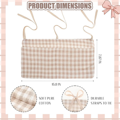 Gingham Crib Hanging Organizer Gingham Diaper Bag Organizer Playpen Organizers Hanging Cotton Crib Storage Bag for Baby Girl's Room(Beige)