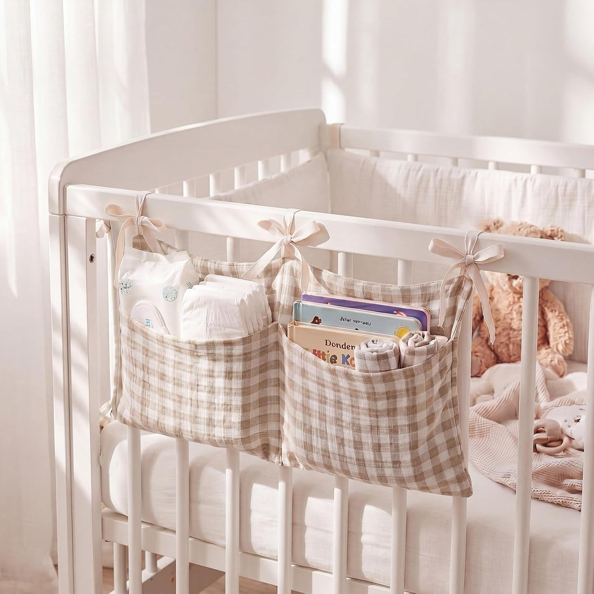 Gingham Crib Hanging Organizer Gingham Diaper Bag Organizer Playpen Organizers Hanging Cotton Crib Storage Bag for Baby Girl's Room(Beige)