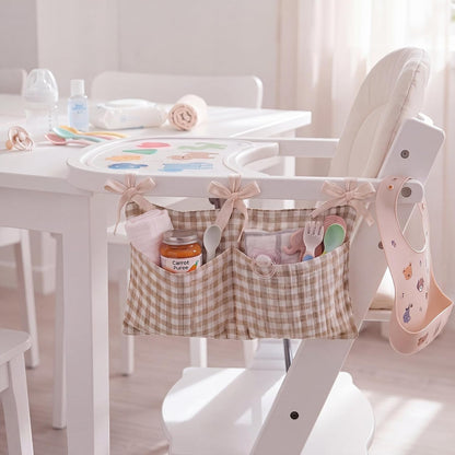 Gingham Crib Hanging Organizer Gingham Diaper Bag Organizer Playpen Organizers Hanging Cotton Crib Storage Bag for Baby Girl's Room(Beige)