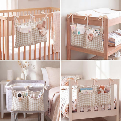 Gingham Crib Hanging Organizer Gingham Diaper Bag Organizer Playpen Organizers Hanging Cotton Crib Storage Bag for Baby Girl's Room(Beige)