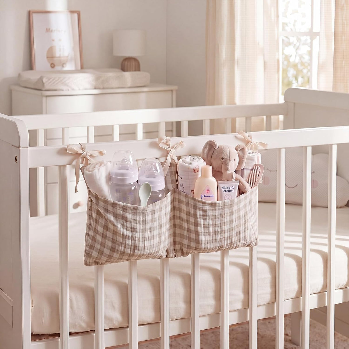 Gingham Crib Hanging Organizer Gingham Diaper Bag Organizer Playpen Organizers Hanging Cotton Crib Storage Bag for Baby Girl's Room(Beige)