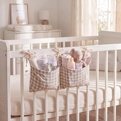 Gingham Crib Hanging Organizer Gingham Diaper Bag Organizer Playpen Organizers Hanging Cotton Crib Storage Bag for Baby Girl's Room(Beige)