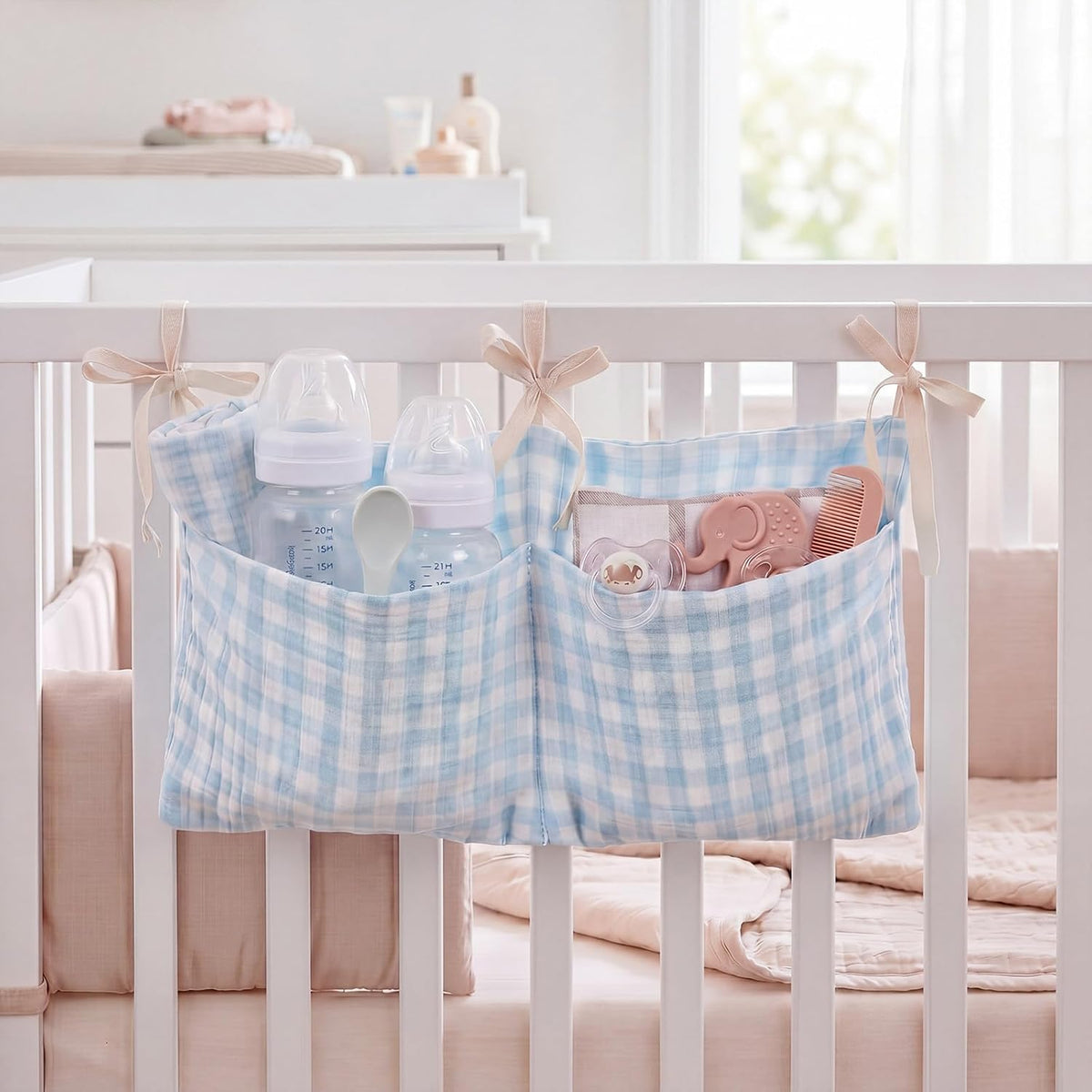 Gingham Crib Hanging Organizer Gingham Diaper Bag Organizer Playpen Organizers Hanging Cotton Crib Storage Bag for Baby Girl's Room(Beige)