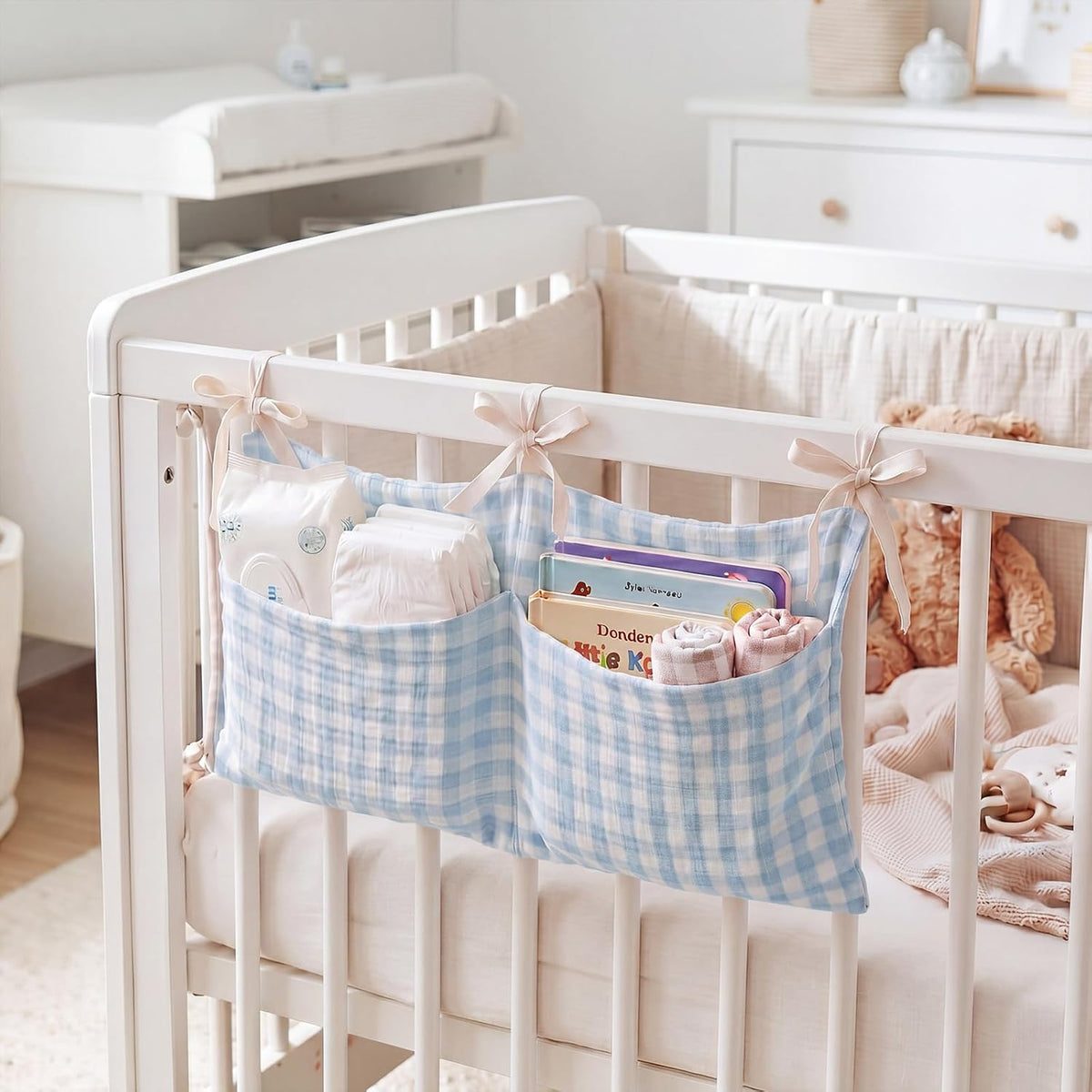 Gingham Crib Hanging Organizer Gingham Diaper Bag Organizer Playpen Organizers Hanging Cotton Crib Storage Bag for Baby Girl's Room(Beige)