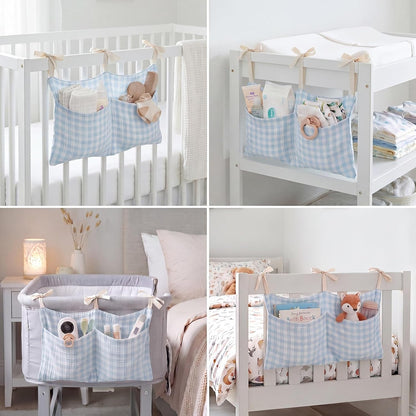 Gingham Crib Hanging Organizer Gingham Diaper Bag Organizer Playpen Organizers Hanging Cotton Crib Storage Bag for Baby Girl's Room(Beige)