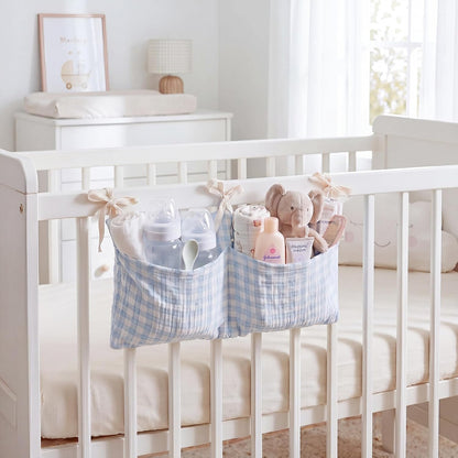 Gingham Crib Hanging Organizer Gingham Diaper Bag Organizer Playpen Organizers Hanging Cotton Crib Storage Bag for Baby Girl's Room(Beige)