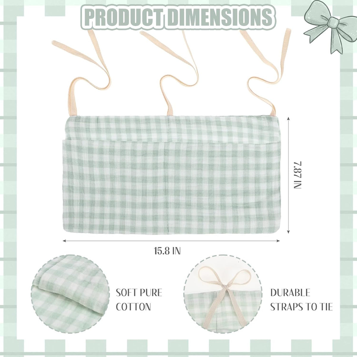 Gingham Crib Hanging Organizer Gingham Diaper Bag Organizer Playpen Organizers Hanging Cotton Crib Storage Bag for Baby Girl's Room(Beige)