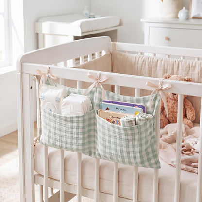 Gingham Crib Hanging Organizer Gingham Diaper Bag Organizer Playpen Organizers Hanging Cotton Crib Storage Bag for Baby Girl's Room(Beige)