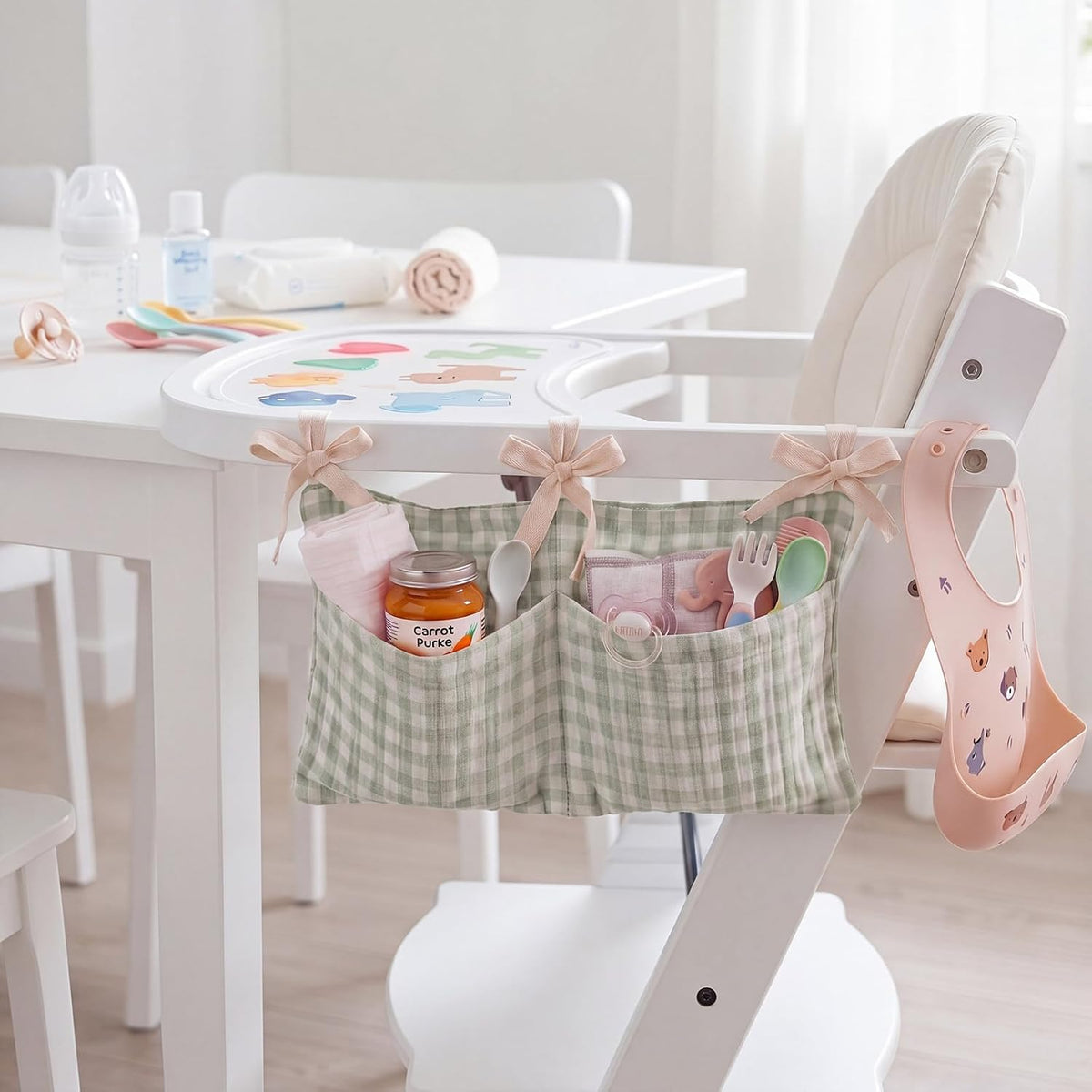 Gingham Crib Hanging Organizer Gingham Diaper Bag Organizer Playpen Organizers Hanging Cotton Crib Storage Bag for Baby Girl's Room(Beige)