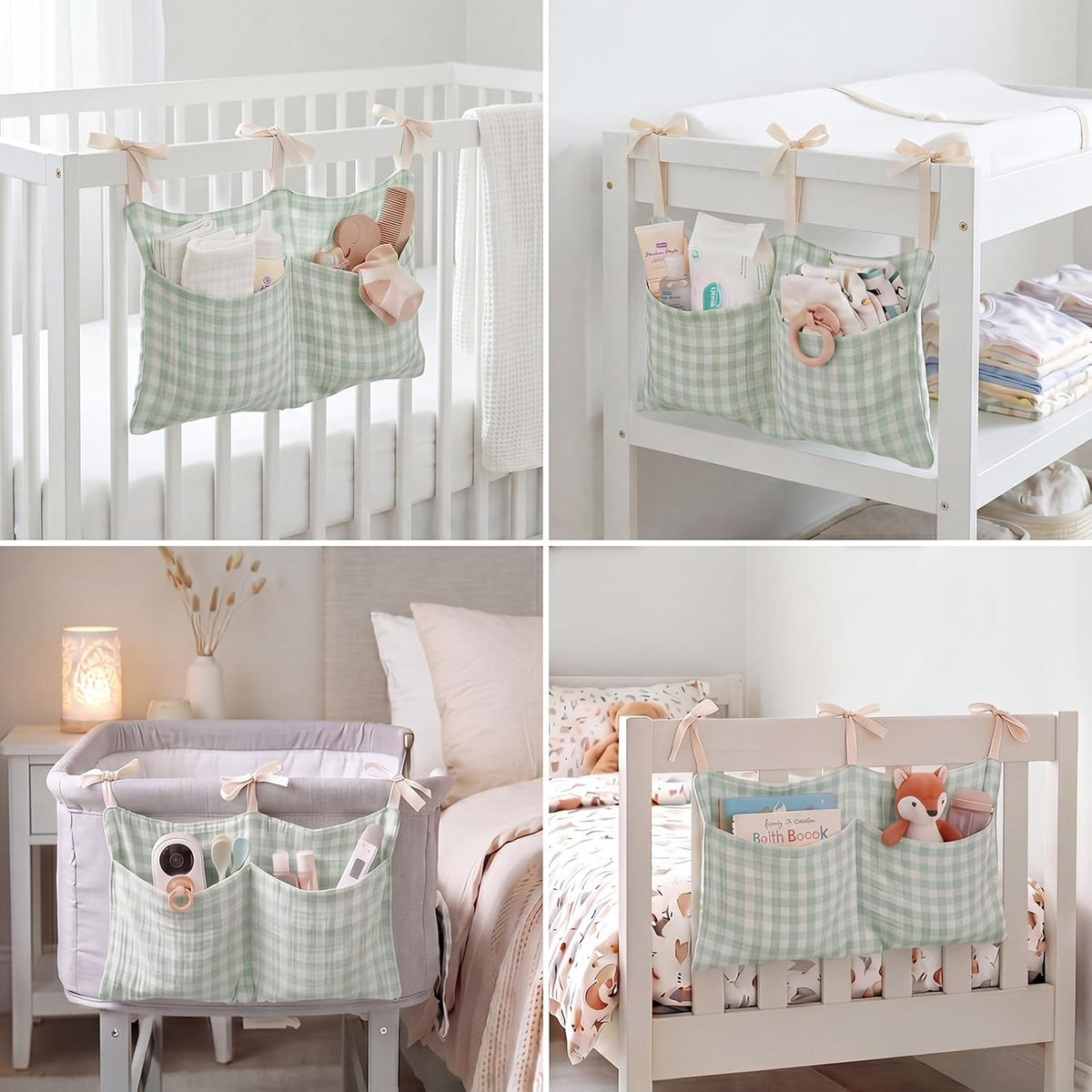 Gingham Crib Hanging Organizer Gingham Diaper Bag Organizer Playpen Organizers Hanging Cotton Crib Storage Bag for Baby Girl's Room(Beige)