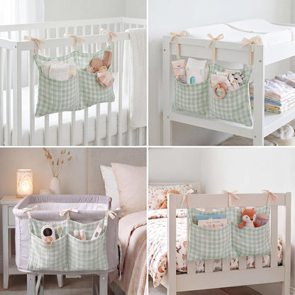 Gingham Crib Hanging Organizer Gingham Diaper Bag Organizer Playpen Organizers Hanging Cotton Crib Storage Bag for Baby Girl's Room(Beige)