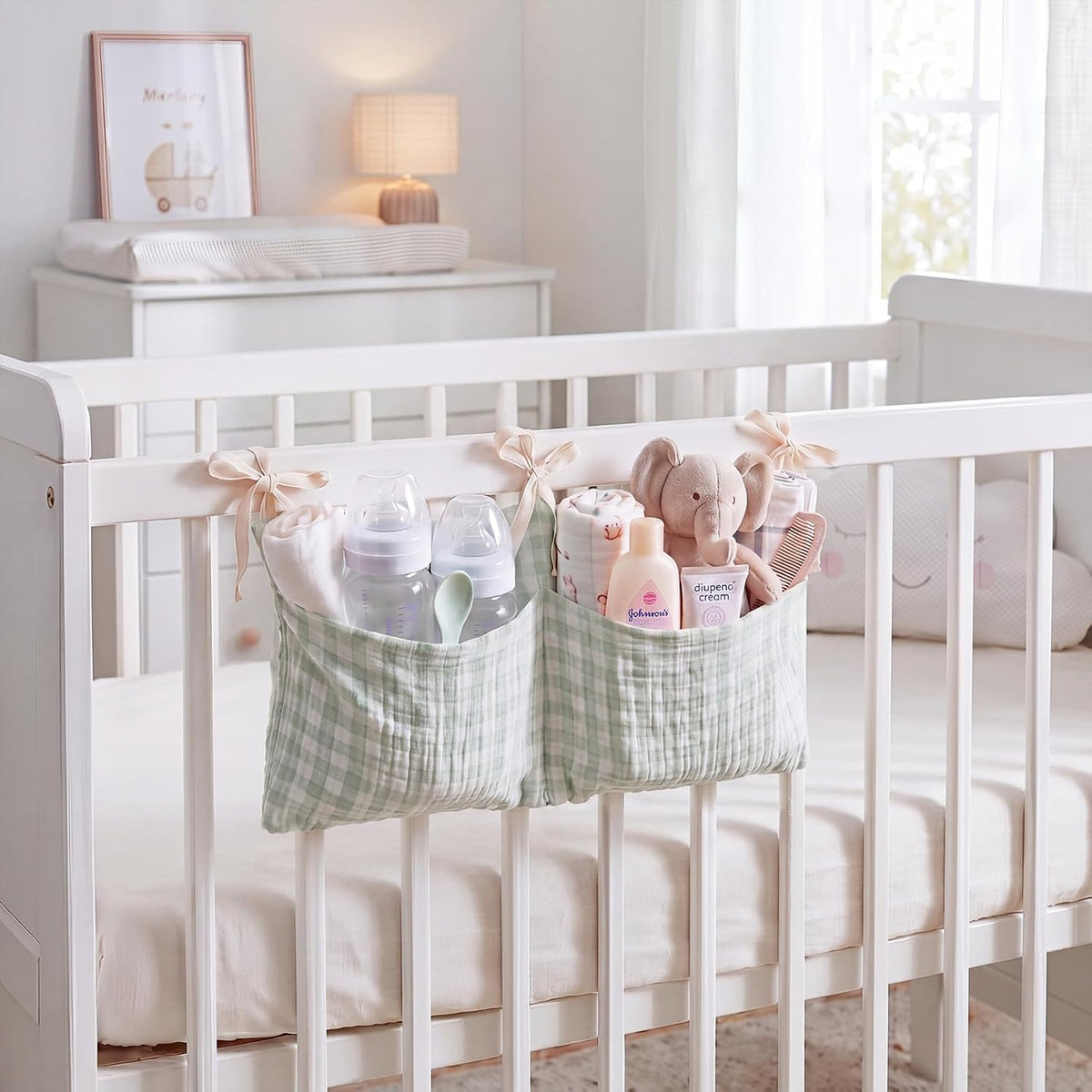 Gingham Crib Hanging Organizer Gingham Diaper Bag Organizer Playpen Organizers Hanging Cotton Crib Storage Bag for Baby Girl's Room(Beige)