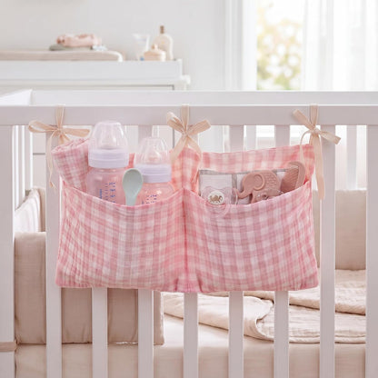 Gingham Crib Hanging Organizer Gingham Diaper Bag Organizer Playpen Organizers Hanging Cotton Crib Storage Bag for Baby Girl's Room(Beige)