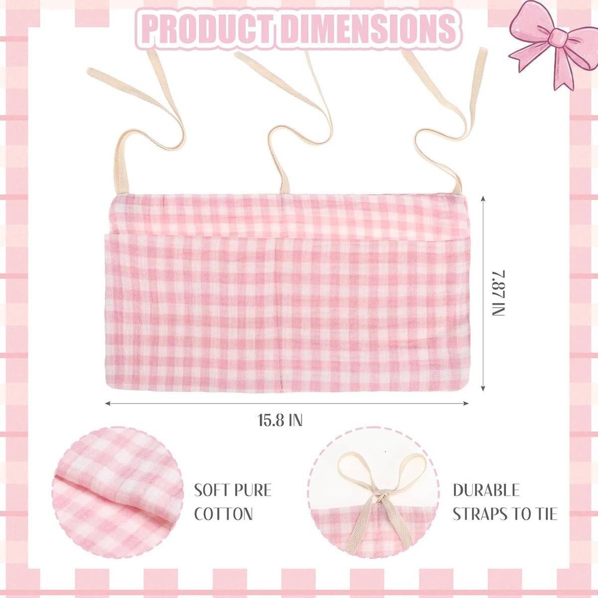 Gingham Crib Hanging Organizer Gingham Diaper Bag Organizer Playpen Organizers Hanging Cotton Crib Storage Bag for Baby Girl's Room(Beige)