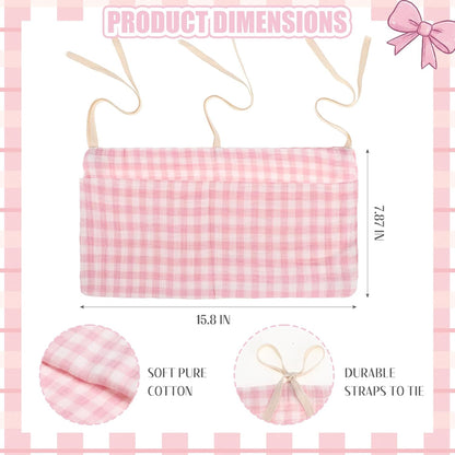 Gingham Crib Hanging Organizer Gingham Diaper Bag Organizer Playpen Organizers Hanging Cotton Crib Storage Bag for Baby Girl's Room(Beige)